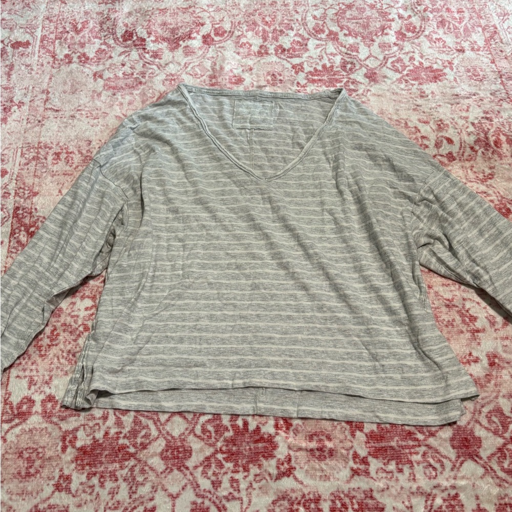 Aerie Gray Striped V-Neck Long Sleeve